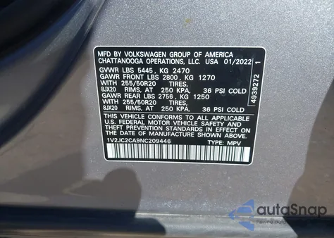 2022 Volkswagen Atlas Cross Sport 2.0T Se W/Technology z USA, uszkodzony, nr VIN 1V2JC2CA9NC209446